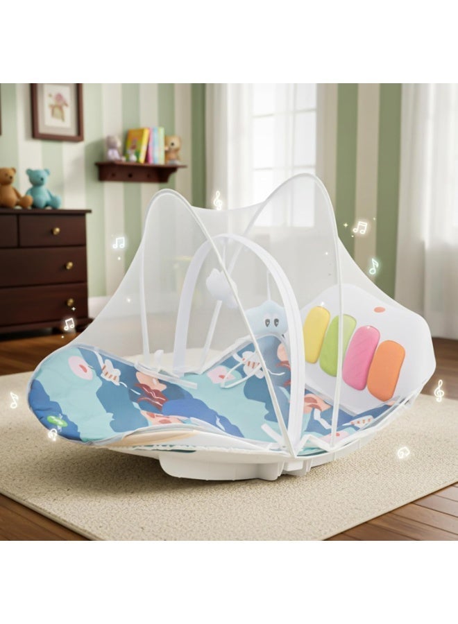 BAYBEE 4 in 1 Baby Play Gym & Rocker for Babies | Portable Baby Playgym for New Born with Rocking Function, Mosquito net, Lights, Music & Toys | Indoor Activity Baby Rocker for 0 to 24 Months Boys Girls Blue - Image 1